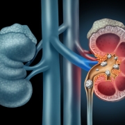 Kidney stones passing in the right kidney, showing where pain originates.